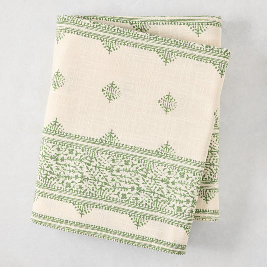 Peter Dunham + Hudson Grace Olive Green Fez Stripe Printed Natural Tablecloth, 100% cotton slub, 70"W x 108"L.