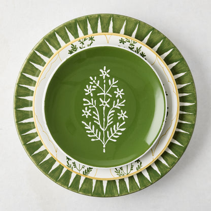 Peter Dunham + Hudson Grace Olive Green Hand-Painted Jaali Salad Plate with white floral pattern and yellow border.