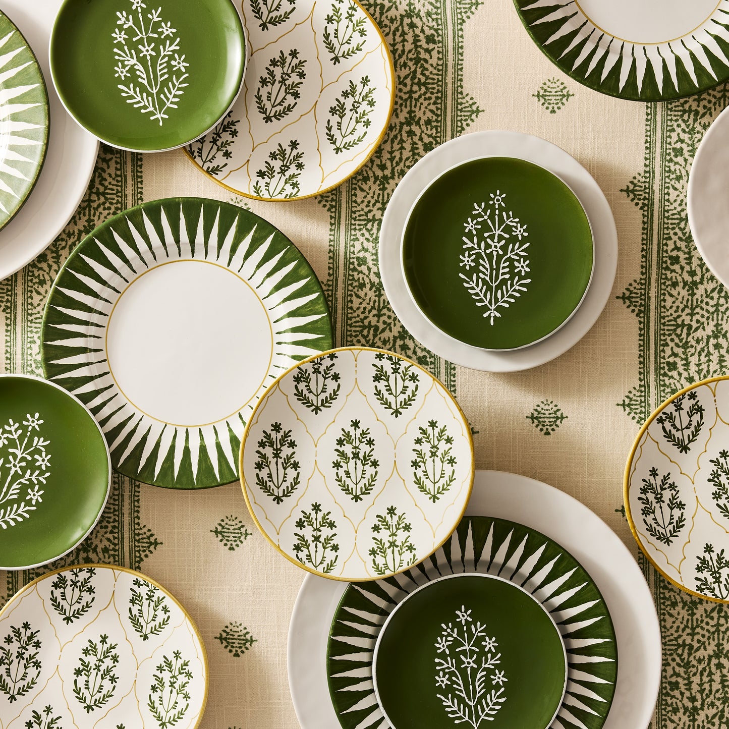 Peter Dunham + Hudson Grace Olive Green Hand-Painted Jaali Salad Plate with yellow border, featuring a floral pattern.