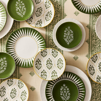 Peter Dunham + Hudson Grace Olive Green Hand-Painted Jaali Salad Plate with yellow border, featuring a floral pattern.