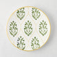 Peter Dunham + Hudson Grace Olive Green Hand-Painted Jaali Salad Plate with yellow border and floral pattern.