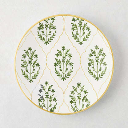 Peter Dunham + Hudson Grace Olive Green Hand-Painted Jaali Salad Plate with yellow border and floral pattern.