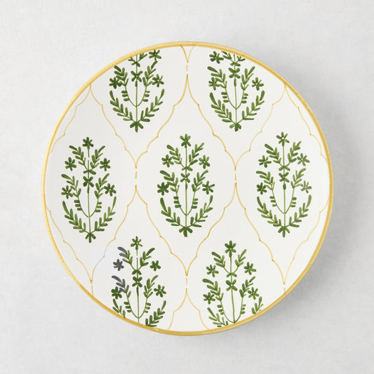 Peter Dunham + Hudson Grace Olive Green Hand-Painted Jaali Salad Plate with yellow border and floral pattern.