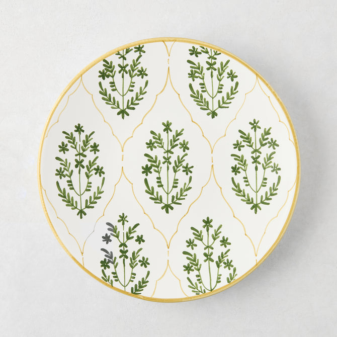 Peter Dunham + Hudson Grace Olive Green Hand-Painted Jaali Salad Plate with yellow border and floral pattern.
