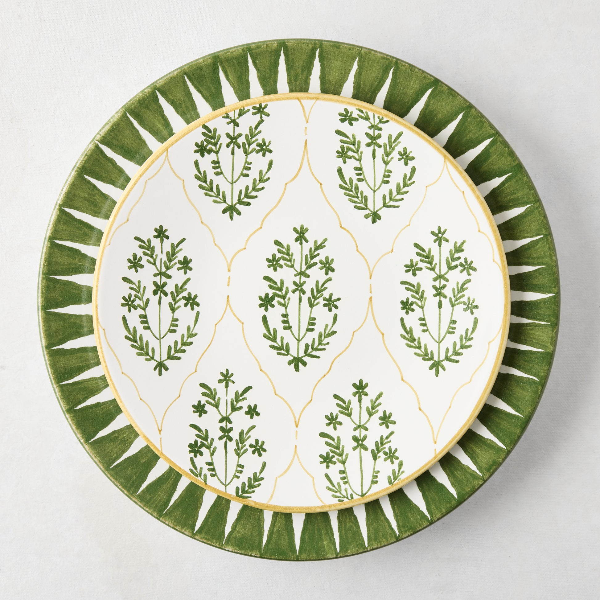 Peter Dunham + Hudson Grace Olive Green Hand-Painted Sunburst Dinner Plate, ikat stripe inspired.