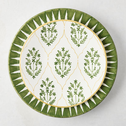 Peter Dunham + Hudson Grace Olive Green Hand-Painted Sunburst Dinner Plate, ikat stripe inspired.