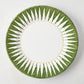 Peter Dunham + Hudson Grace olive green hand-painted sunburst dinner plate with white center and yellow rim.