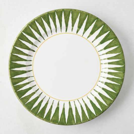 Peter Dunham + Hudson Grace olive green hand-painted sunburst dinner plate with white center and yellow rim.