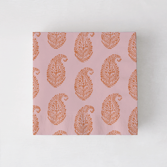 Peter Dunham + Hudson Grace Orange Kashmir cocktail napkins with paisley print.