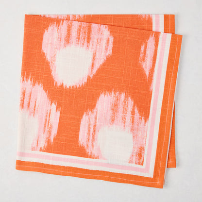 Peter Dunham + Hudson Grace Orange Bukhara Ikat Printed Napkin, 100% cotton slub with pink and white border.