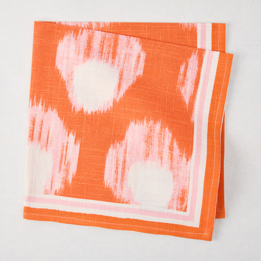 Peter Dunham + Hudson Grace Orange Bukhara Ikat Printed Napkin, 100% cotton slub with white and pink stripes.