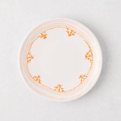 Peter Dunham + Hudson Grace Orange Fez hand-painted border appetizer plate, white with orange pattern.