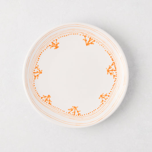 Peter Dunham + Hudson Grace Orange Fez hand-painted border appetizer plate, white with orange pattern.