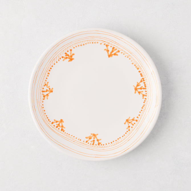 Peter Dunham + Hudson Grace Orange Fez hand-painted border appetizer plate, white with orange pattern.
