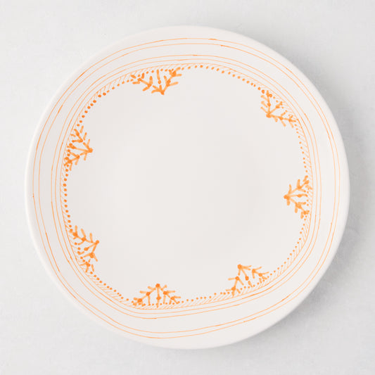 Peter Dunham + Hudson Grace Orange Fez hand-painted border dinner plate, white with orange pattern.
