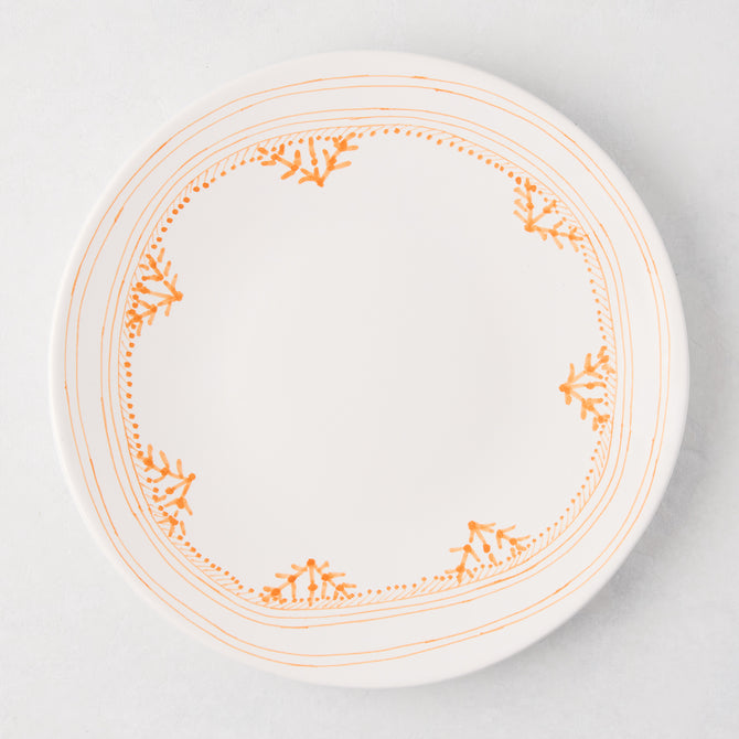 Peter Dunham + Hudson Grace Orange Fez hand-painted border dinner plate, white with orange pattern.