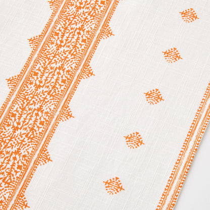 Peter Dunham + Hudson Grace 108-inch cotton slub table runner in white with orange vintage-inspired Fez stripe print.
