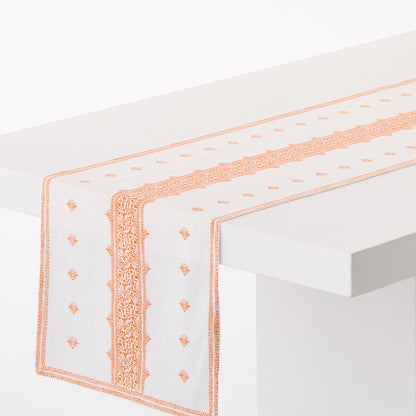 Peter Dunham + Hudson Grace orange Fez stripe 108-inch cotton slub table runner with intricate vintage-inspired pattern.
