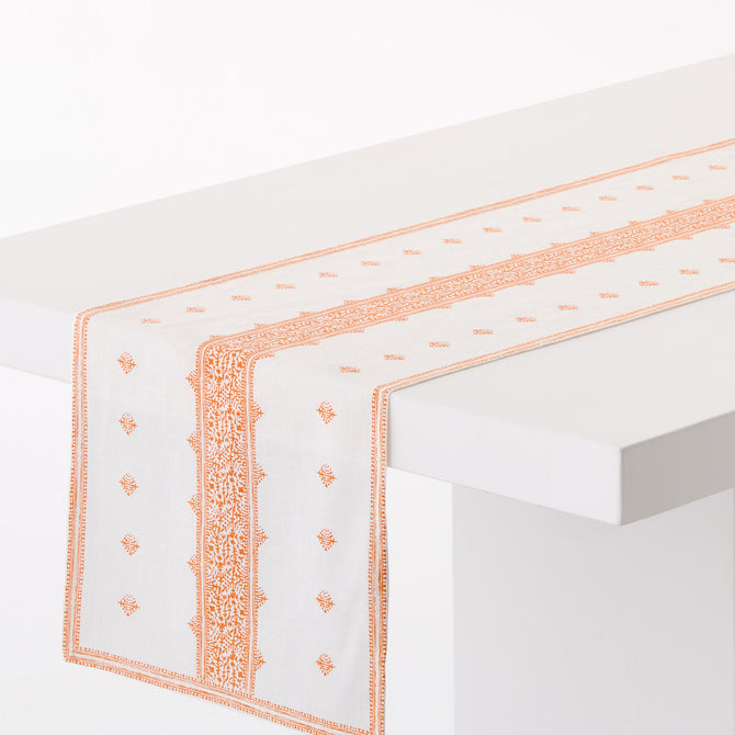 Peter Dunham + Hudson Grace orange Fez stripe 108-inch cotton slub table runner with intricate vintage-inspired pattern.