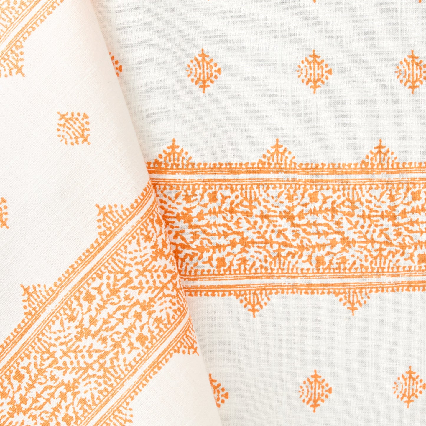 Peter Dunham + Hudson Grace orange Fez stripe printed 100% cotton slub tablecloth with intricate vintage embroidery pattern.