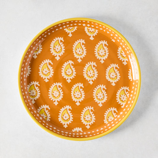 Peter Dunham + Hudson Grace Orange Janpath Melamine Salad Plate with paisley pattern and graphic border.