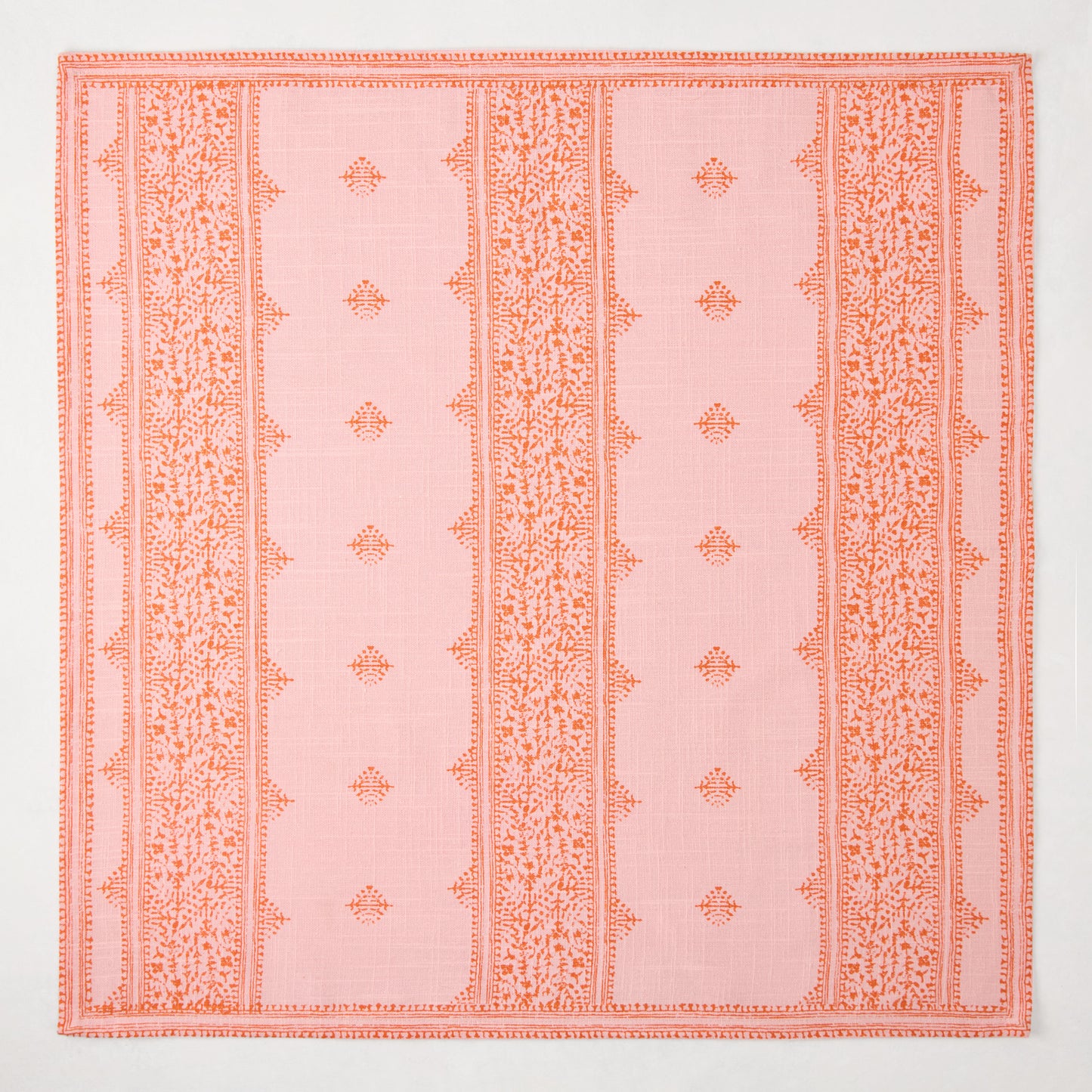 Peter Dunham + Hudson Grace Pink Fez Stripe Printed Napkin, 100% cotton slub with orange intricate stripe pattern.