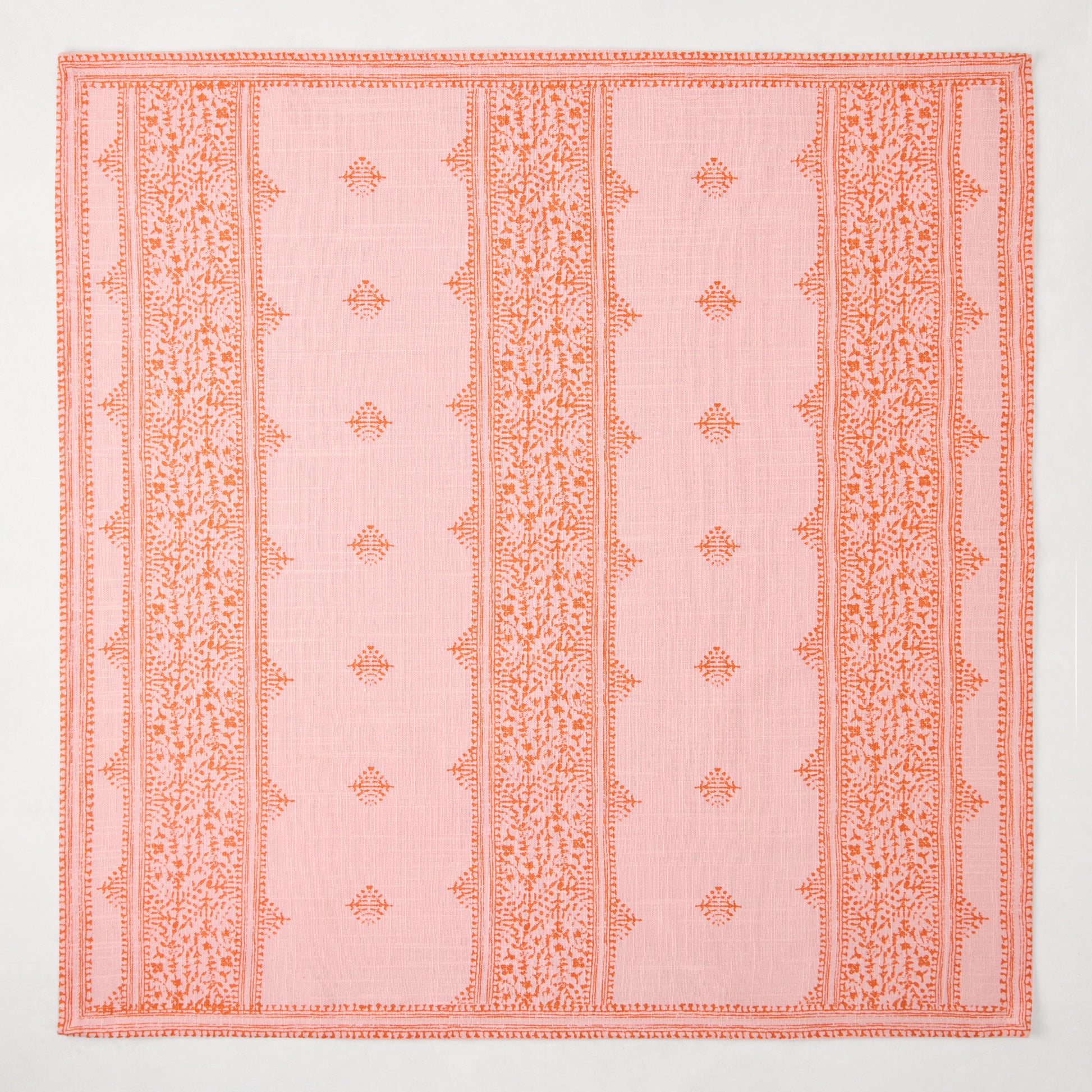Peter Dunham + Hudson Grace Pink Fez Stripe Printed Napkin, 100% cotton slub with orange intricate stripe pattern.