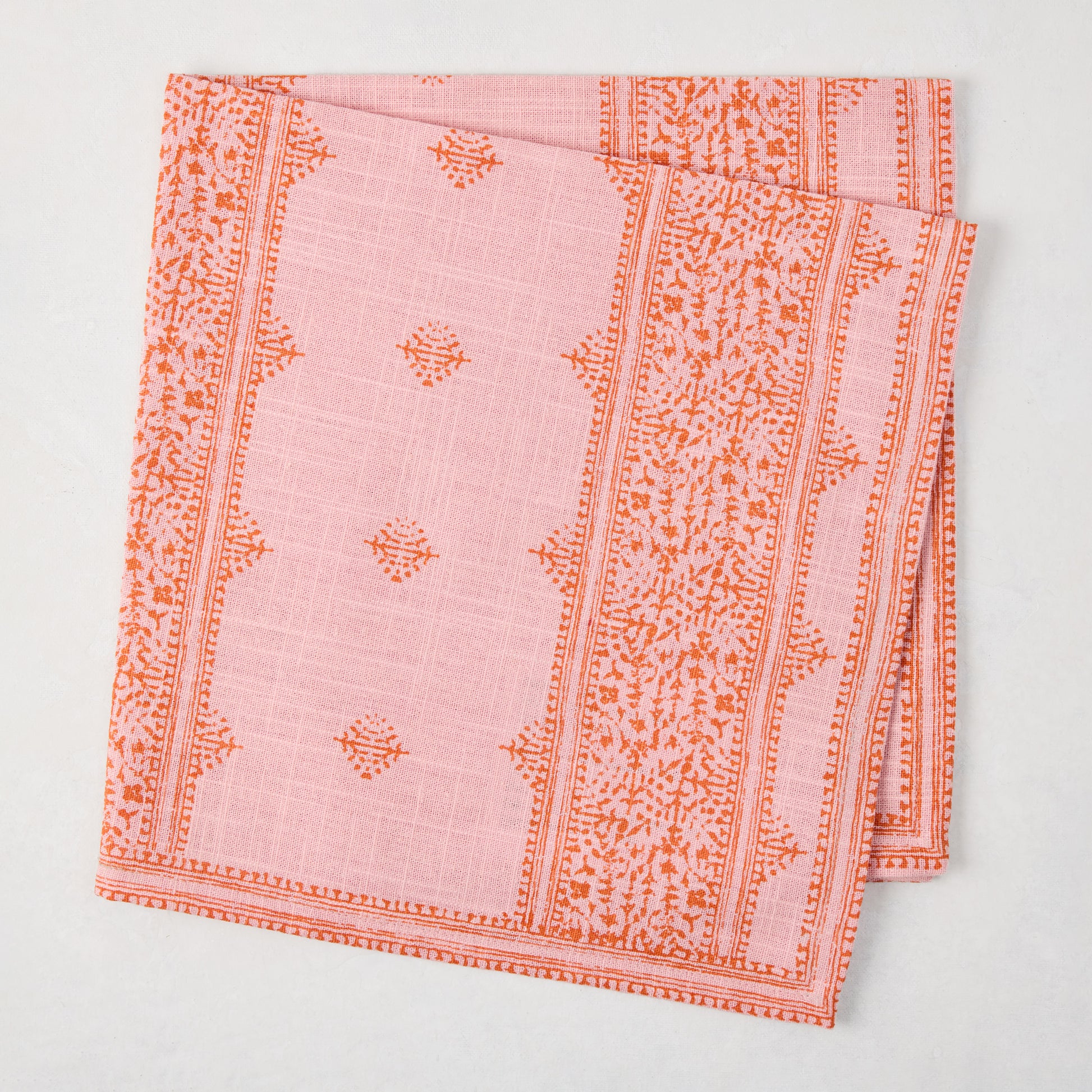Peter Dunham + Hudson Grace Pink Fez Stripe Printed Napkin, 100% cotton slub with orange vintage embroidery pattern.