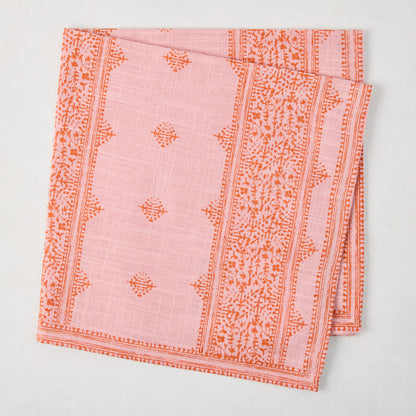 Peter Dunham + Hudson Grace Pink Fez Stripe Printed Napkin, 100% cotton slub with orange vintage embroidery pattern.