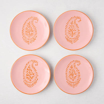 Four Peter Dunham + Hudson Grace pink hand-painted Kashmir Paisley appetizer plates with orange trim.