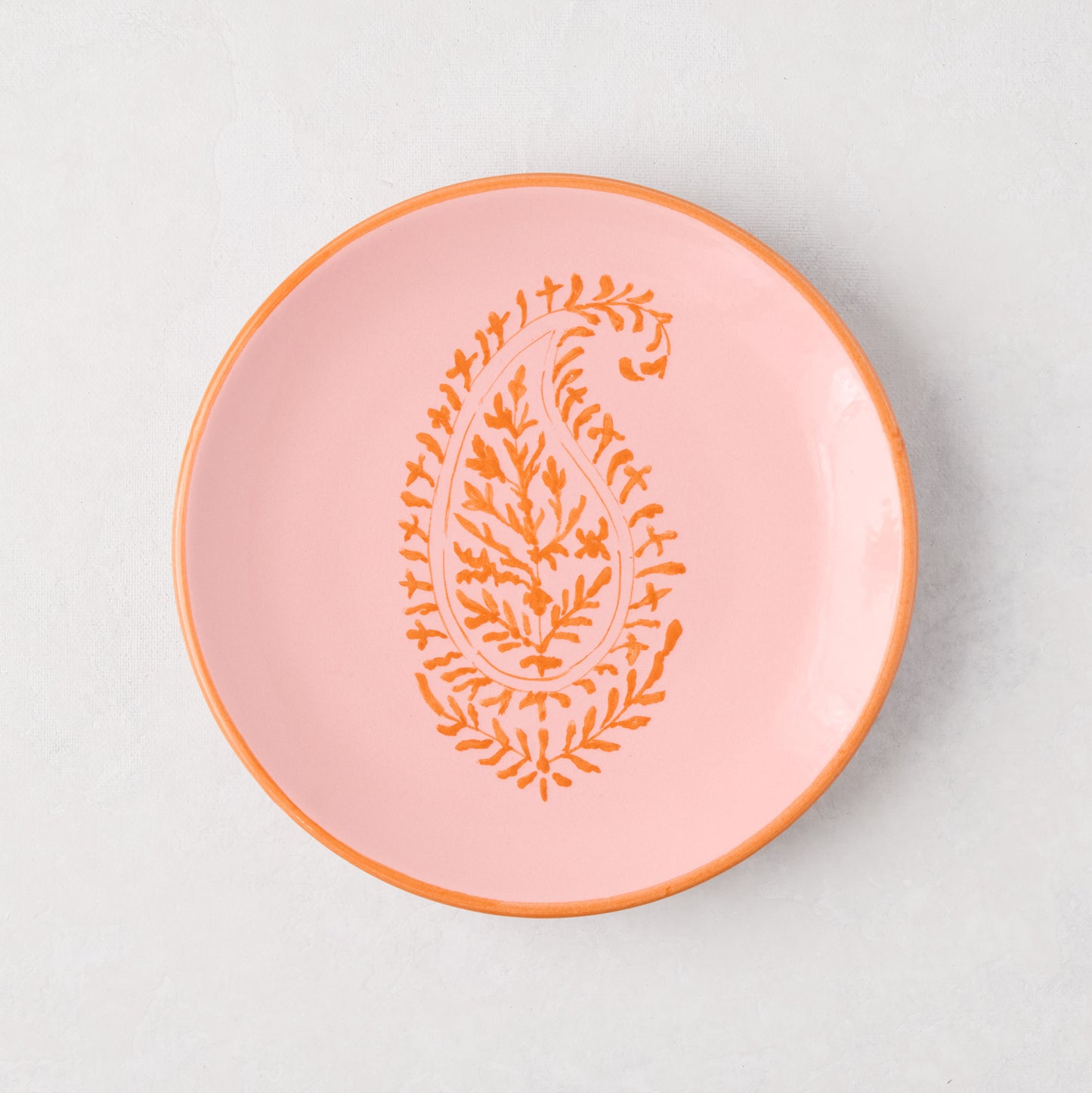 Peter Dunham + Hudson Grace Pink Hand-Painted Kashmir Paisley Appetizer Plate with orange design.