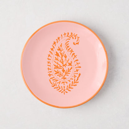 Peter Dunham + Hudson Grace Pink Hand-Painted Kashmir Paisley Appetizer Plate with orange design.