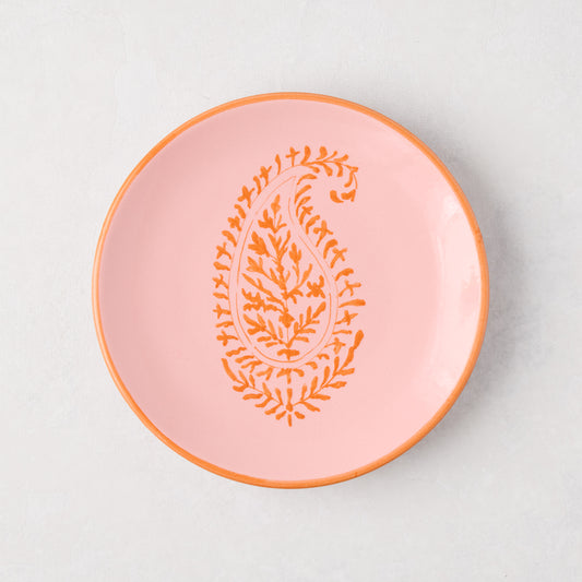 Peter Dunham + Hudson Grace Pink Hand-Painted Kashmir Paisley Appetizer Plate with orange design.