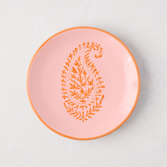 Peter Dunham + Hudson Grace Pink Hand-Painted Kashmir Paisley Appetizer Plate with orange design.