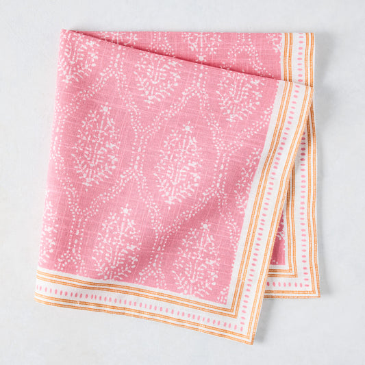 Peter Dunham + Hudson Grace Pink Jaali Printed Napkin, 100% cotton slub with orange border.