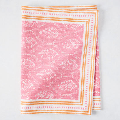 Peter Dunham + Hudson Grace Pink Jaali Printed Runner, 100% cotton slub, with orange border, folded.