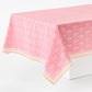 Pink Jaali printed cotton tablecloth with white floral pattern and orange border, 108x70 inches.