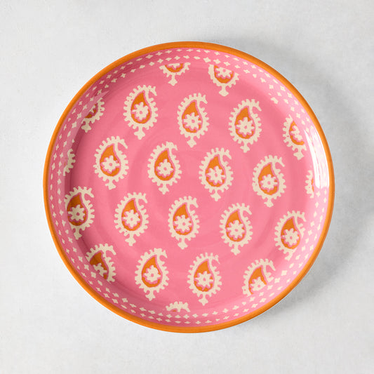 Peter Dunham + Hudson Grace Pink Janpath Melamine Salad Plate with orange paisley and flower pattern.