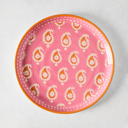 Peter Dunham + Hudson Grace Pink Janpath Melamine Salad Plate with orange paisley and flower pattern.
