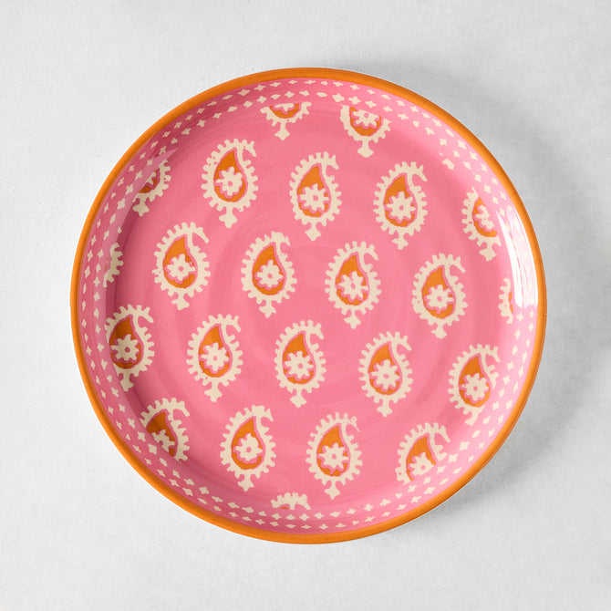 Peter Dunham + Hudson Grace Pink Janpath Melamine Salad Plate with orange paisley and flower pattern.