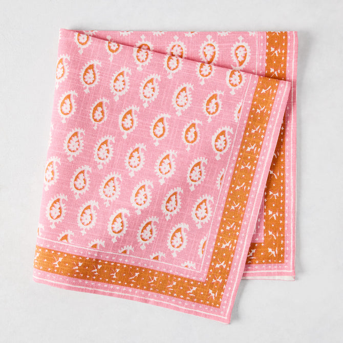 Pink Janpath Printed Napkin by Peter Dunham + Hudson Grace, 100% cotton slub with orange paisley and border.