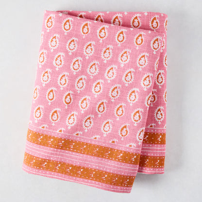 Pink Janpath Printed Tablecloth by Peter Dunham + Hudson Grace, 100% cotton slub, with paisley pattern and orange border.