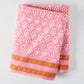 Pink Janpath Printed Tablecloth by Peter Dunham + Hudson Grace, 100% cotton slub, with paisley pattern and orange border.