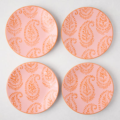 Four Peter Dunham + Hudson Grace Pink Kashmir hand-painted paisley salad plates with orange trim.