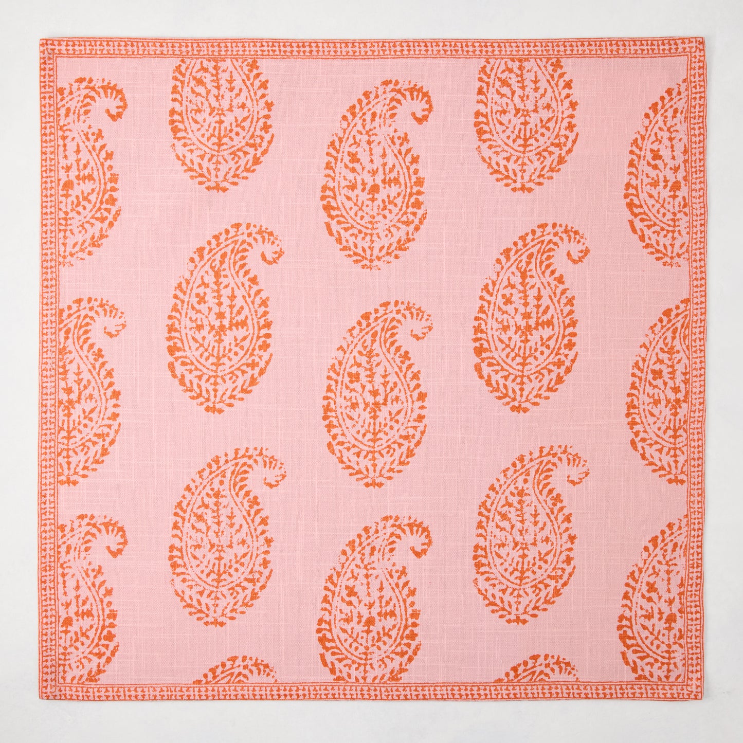Peter Dunham + Hudson Grace Pink Kashmir Paisley Printed Napkin, cotton, orange paisley pattern.