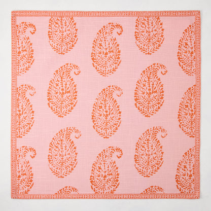 Peter Dunham + Hudson Grace Pink Kashmir Paisley Printed Napkin, cotton, orange paisley pattern.