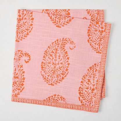 Peter Dunham + Hudson Grace Pink Kashmir Paisley Printed Napkin, orange block print design.