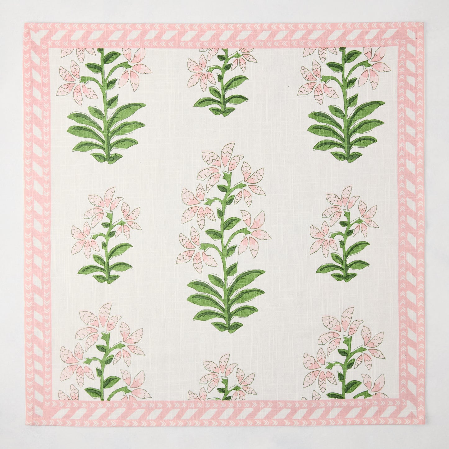 Peter Dunham + Hudson Grace Pink Shani Floral Printed Napkin, 100% cotton slub with botanical pattern and border.