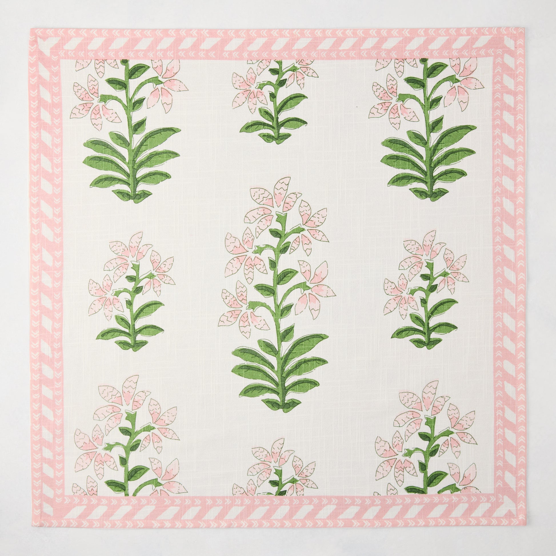 Peter Dunham + Hudson Grace Pink Shani Floral Printed Napkin, 100% cotton slub with botanical pattern and border.