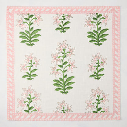 Peter Dunham + Hudson Grace Pink Shani Floral Printed Napkin, 100% cotton slub with botanical pattern and border.